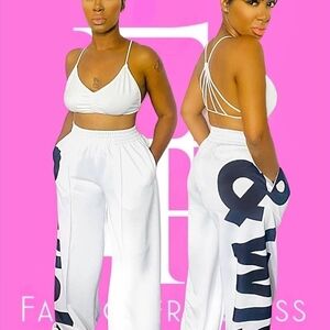 White Wide Leg Pants with Black Accents